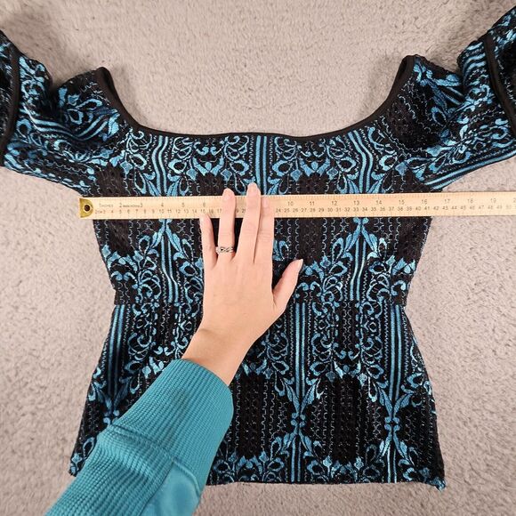 Venus Lace Off Shoulder Top‎ Women S Blue Black Y2K Witchy Whimsygoth Peasant - Picture 11 of 12